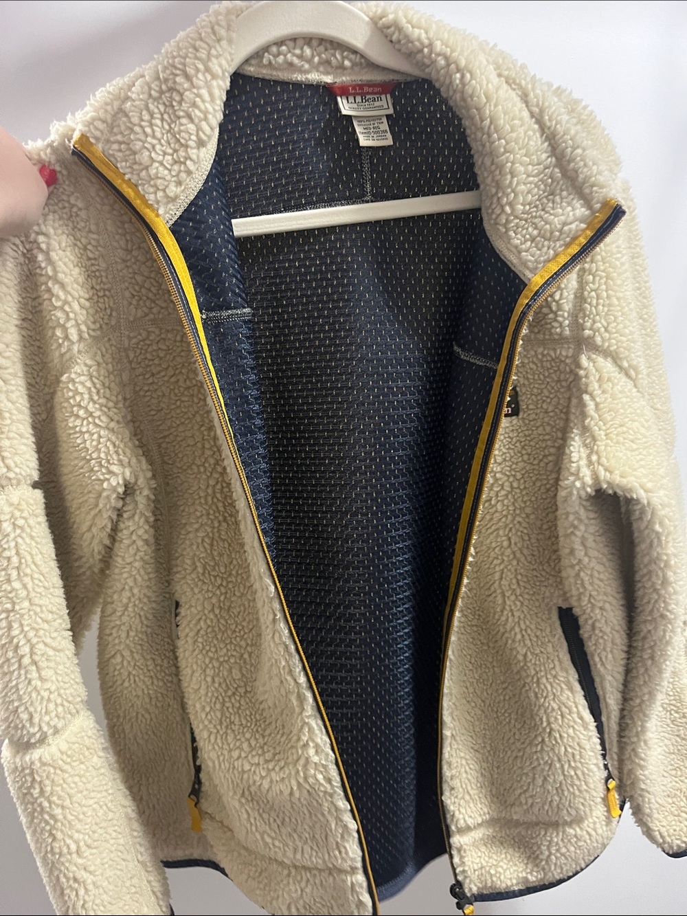 L.L. Bean Cream Sherpa Jacket with Navy Interior and Yellow Trim